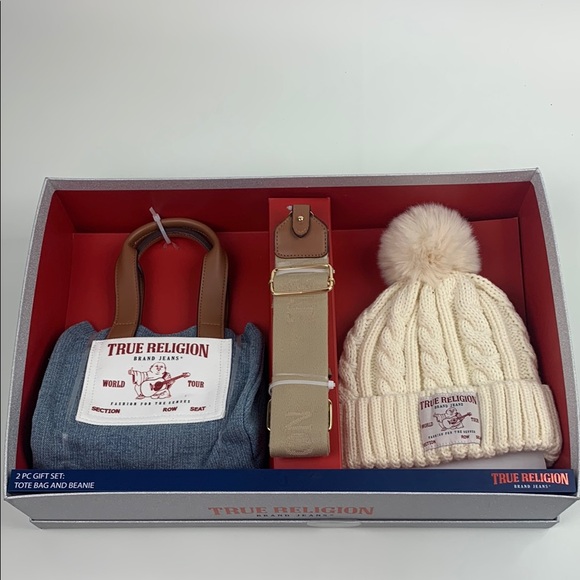 True Religion Cream pompom Beanie and Blue denim Tote crossbody Set & strap NWT - Picture 1 of 15